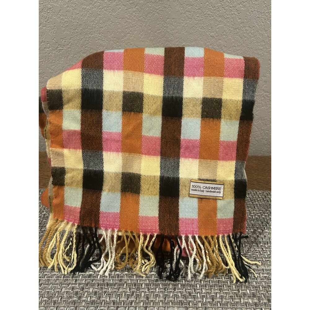 Vintage 100% Cashmere Women’s Scarf Checker Print Yellow Orange Brown 12 X 72